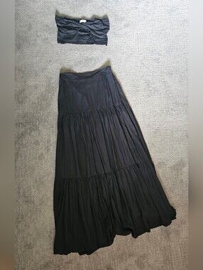 Aura The Label Black Tiered Maxi Skirt And Bandeau Top Set M